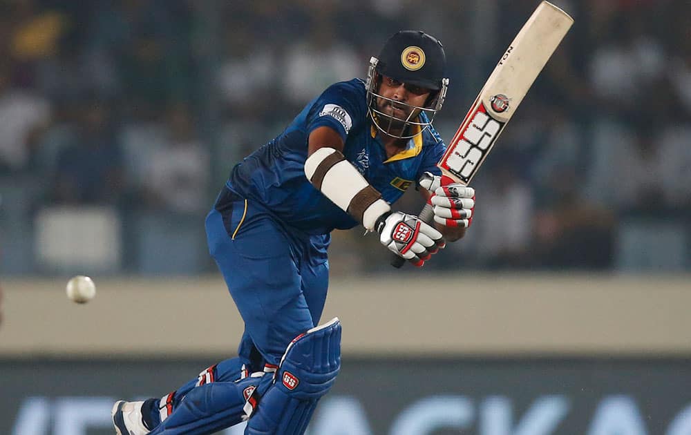 Sri Lanka`s batsman Lahiru Thirimanne plays a shot during their ICC Twenty20 Cricket World Cup semi-final match against West Indies` in Dhaka.