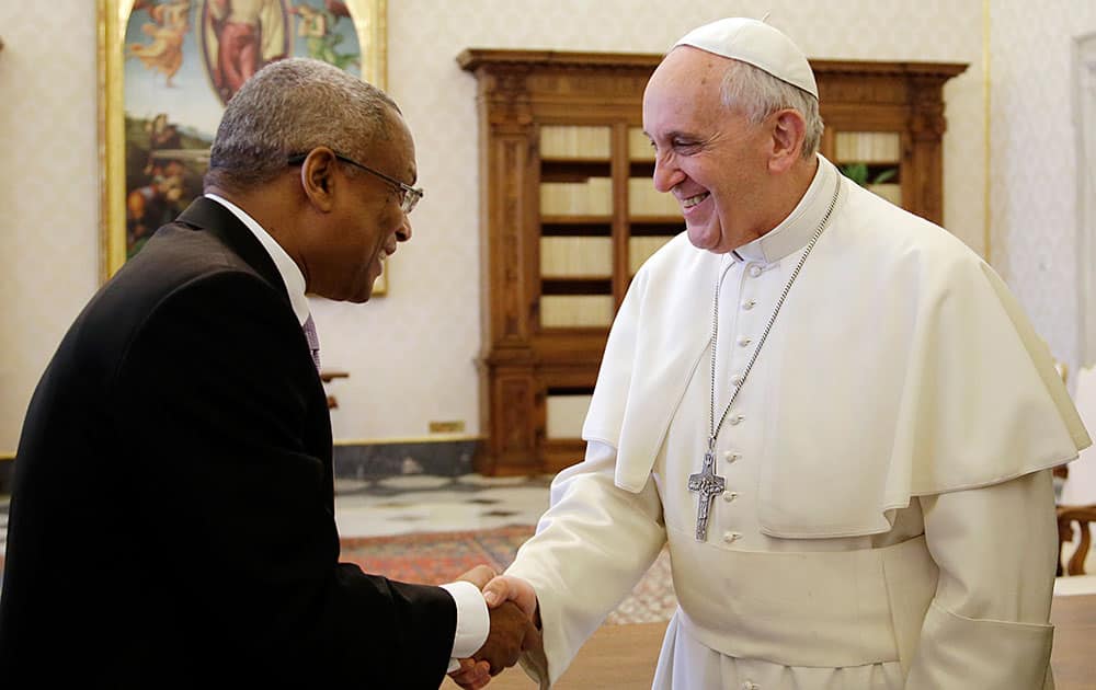 Pope Francis meets with Cape Verde Prime Minister Jose` Maria Neves during a private audience at the Vatican.