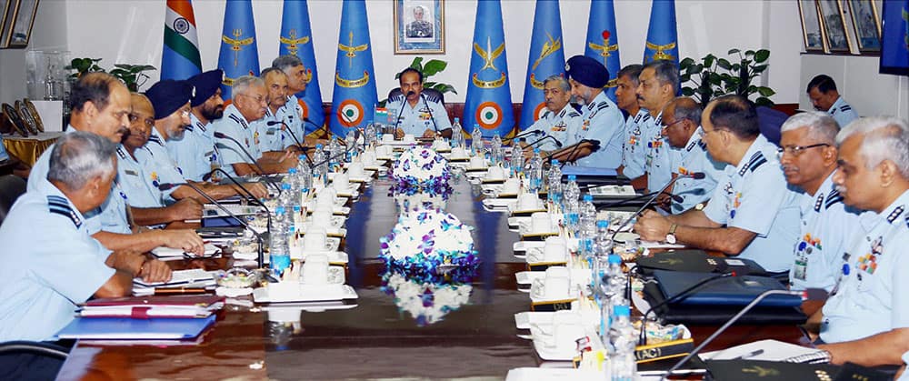 Air Chief Marshal Arup Raha addressing the Air Force Commanders during the Air Force Commanders’ Conference in New Delhi.