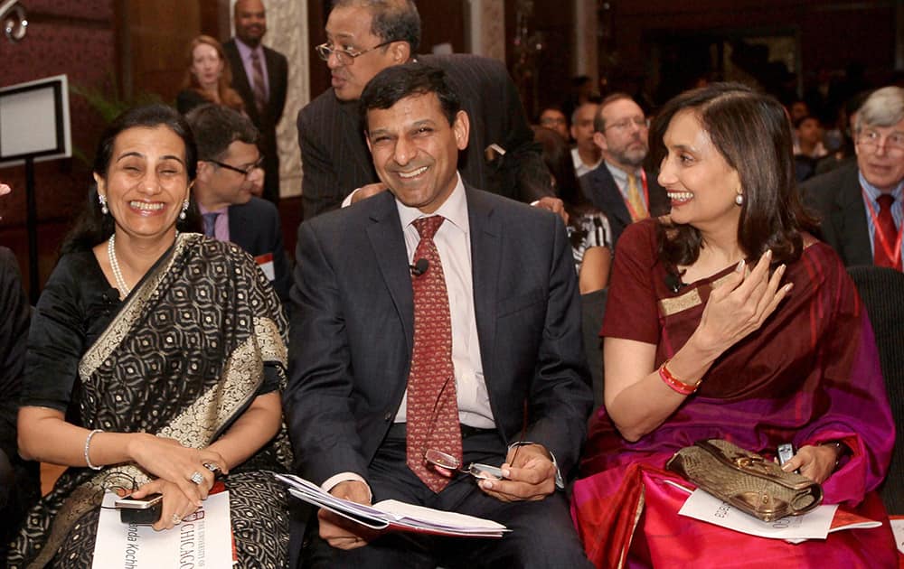 MD & CEO, ICICI Bank Ltd. Chanda Kochhar, RBI Governor, Raghuram G. Rajan and Chairperson and Editorial Director, HT Media, Shobhana Bhartia during of University of Chicago Center in Delhi Forum panel discussion in New Delhi.