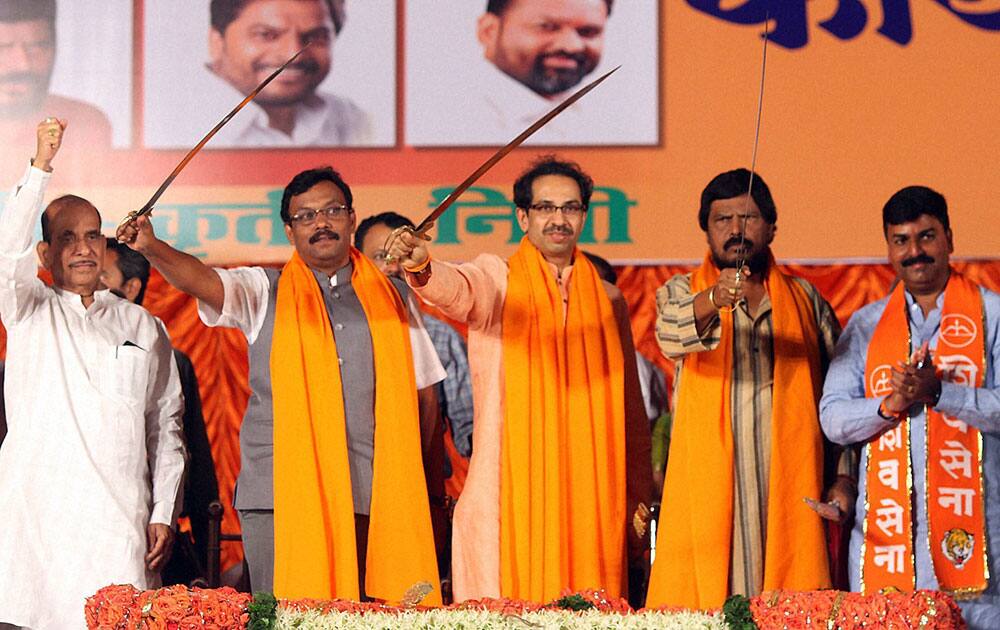 Shiv Sena President Uddhav Thackarey along with former Loksabha speaker Manohar Joshi, BJP leader Vinod Tawde and Shiv Sena central Mumbai candidate during the party working committee meeting in Mumbai.