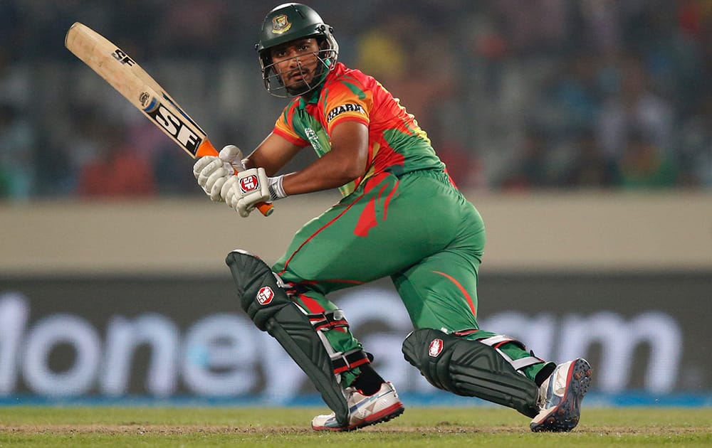 Bangladesh batsman Mahmudullah plays a shot during their ICC Twenty20 Cricket World Cup match against India in Dhaka, Bangladesh.