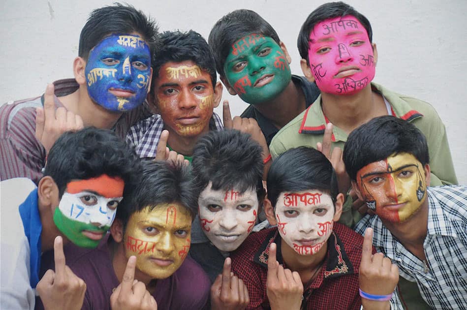 School students taking part in a voter awareness campaign ahead of 2014 Lok Sabha polls in Moradabad.