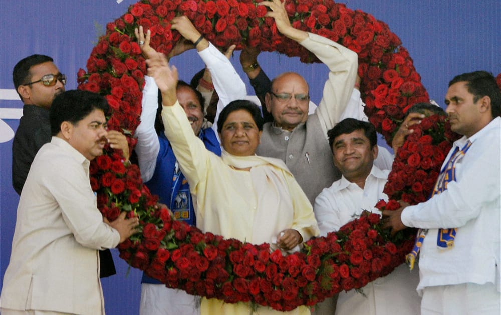 BSP Loksabha candidates of Gurgaon, Faridabad, Sonepat and Rohtak welcome BSP chief Mayawati at an election rally in Gurgaon.
