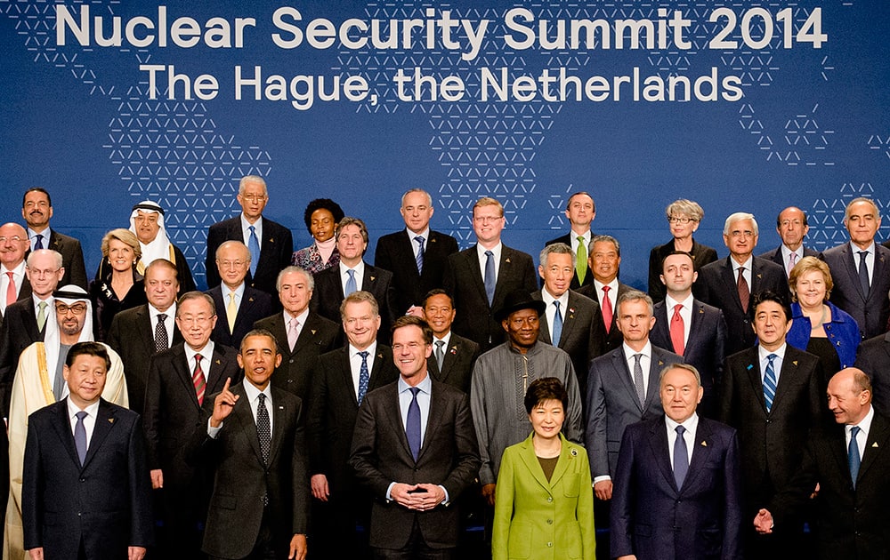 World leaders with US President Barack Obama gesturing, pose for a family photo on the last day of the Nuclear Security Summit (NSS) in The Hague, Netherlands.