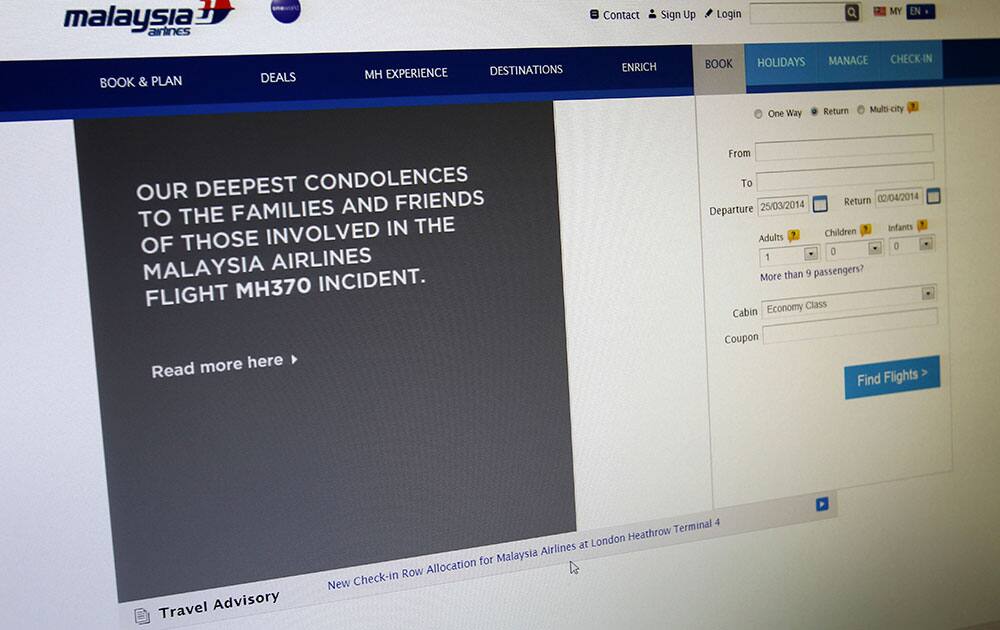 A sympathy message is displayed at the webpage of the Malaysia Airlines website, in Shah Alam, outside Kuala Lumpur.