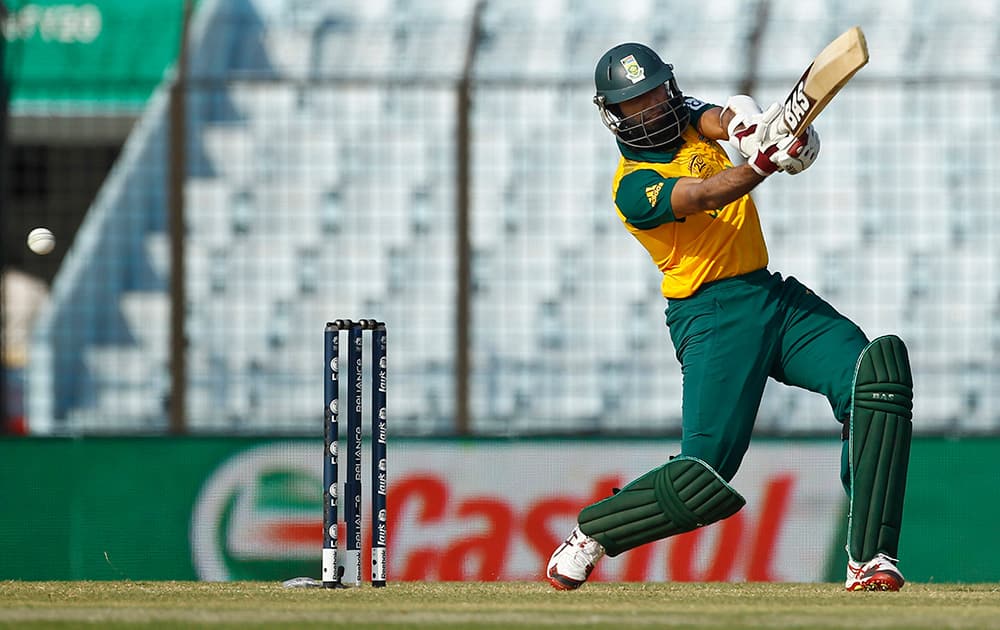South Africa`s Hashim Amla plays a shot during their ICC Twenty20 Cricket World Cup match against New Zealand in Chittagong, Bangladesh.