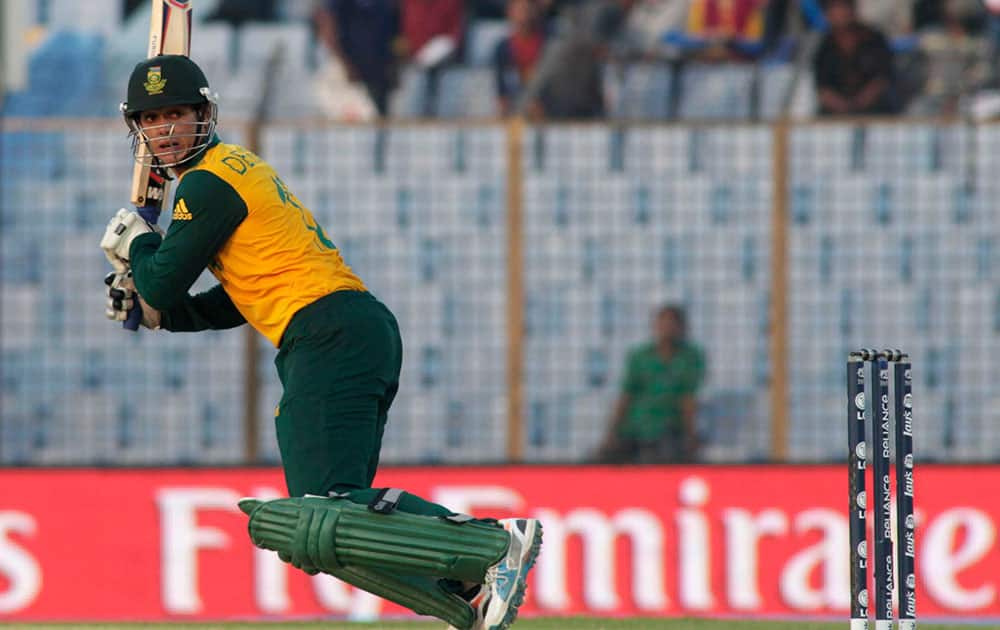 South African cricket player Quinton de Kock takes a shot during the ICC Twenty20 Cricket World Cup match against Sri Lanka in Chittagong, Bangladesh.