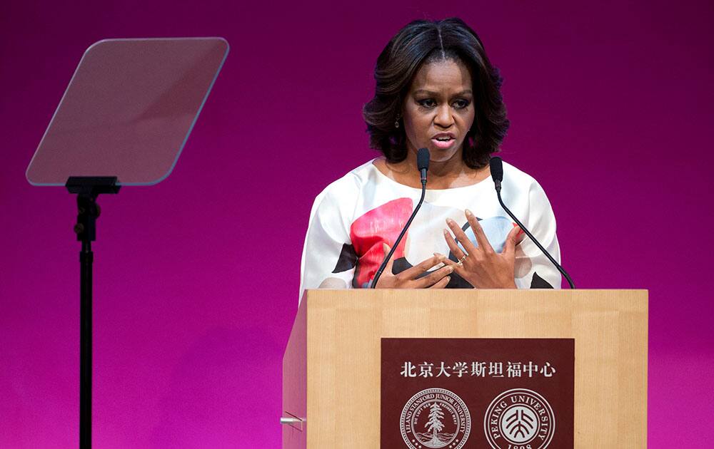 US first lady Michelle Obama delivers a speech at Stanford Center in Peking University in Beijing, China.