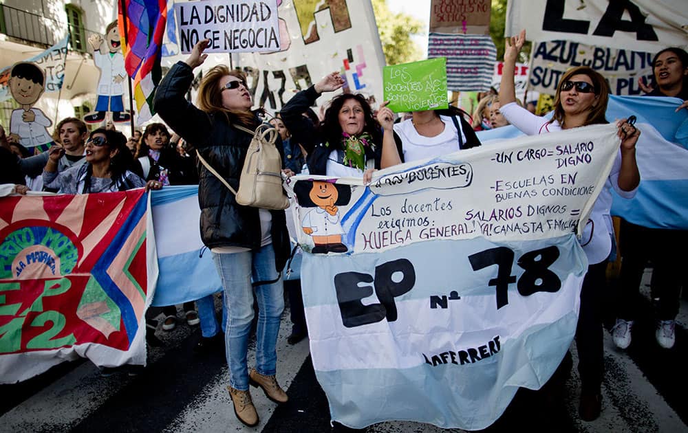 Education workers take part in a demonstration to demand a better salary, in Buenos Aires Argentina.
