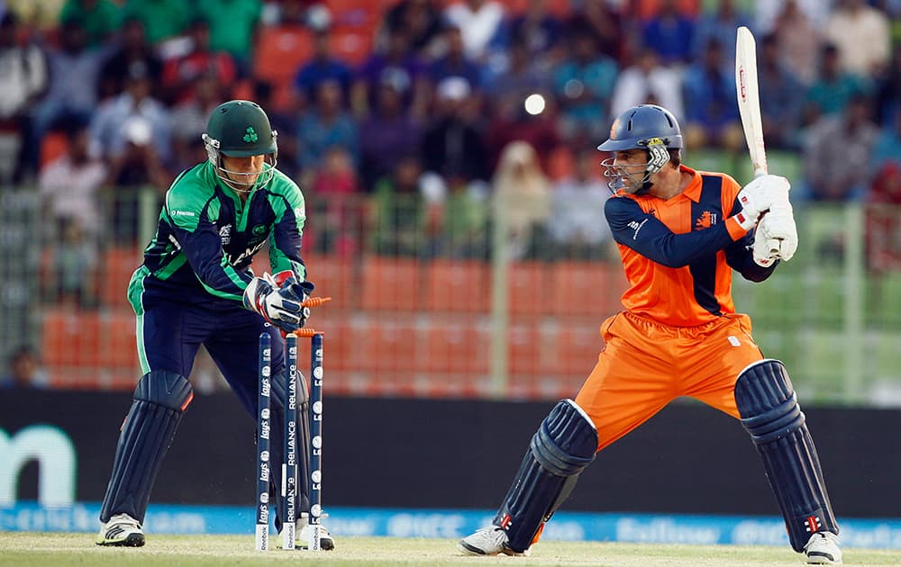 Ireland`s wicketkeeper Gary Wilson unsuccessfully dislodges the bails to dismiss Netherlands` captain Peter Borren during the ICC Twenty20 Cricket World Cup match between them in Sylhet, Bangladesh.