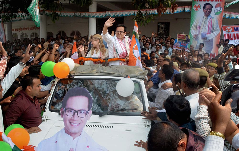 Congress candidate from Koliabor constituency Gaurav Gogoi leaves along with supporters after filing his nomination papers in Nagaon.