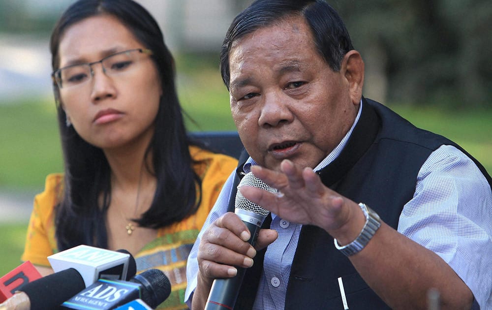 President of the National People`s Party (NPP) P A Sangma with his daughter Agatha Sangma during a press conference in New Delhi.