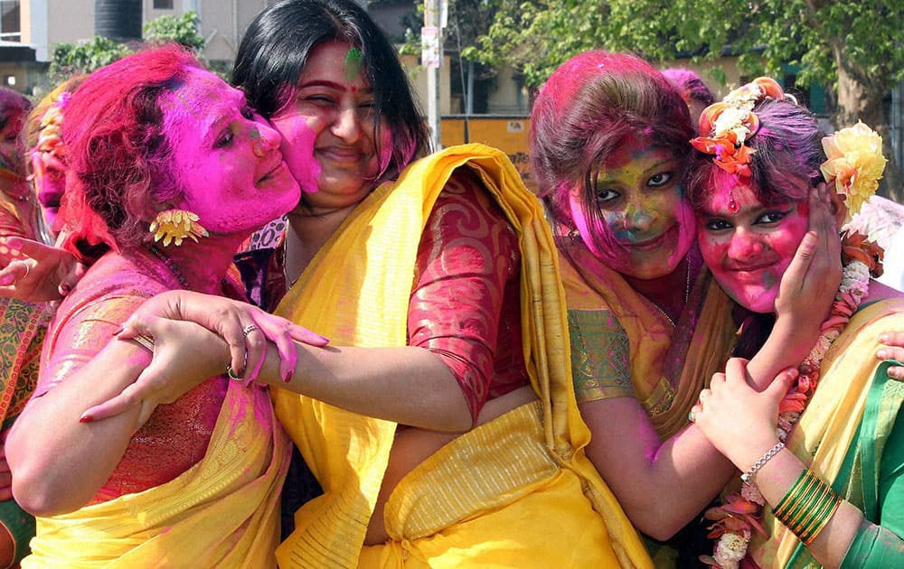 Girls celebrating the Holi Celebration at Balurghat in South Dinajpur district of West Bengal.