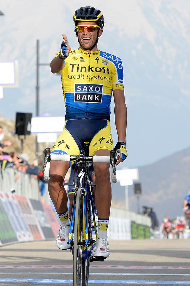 Spain`s Alberto Contador celebrates as he wins the fourth stage of the Tirreno Adriatico cycling race, in Selvarotonda, Italy.