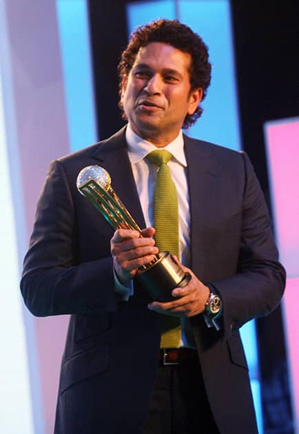 Cricket legend Sachin Tendulkar after being honoured with Cricketer of the Generation during the ESPNcricinfo Awards in Mumbai.