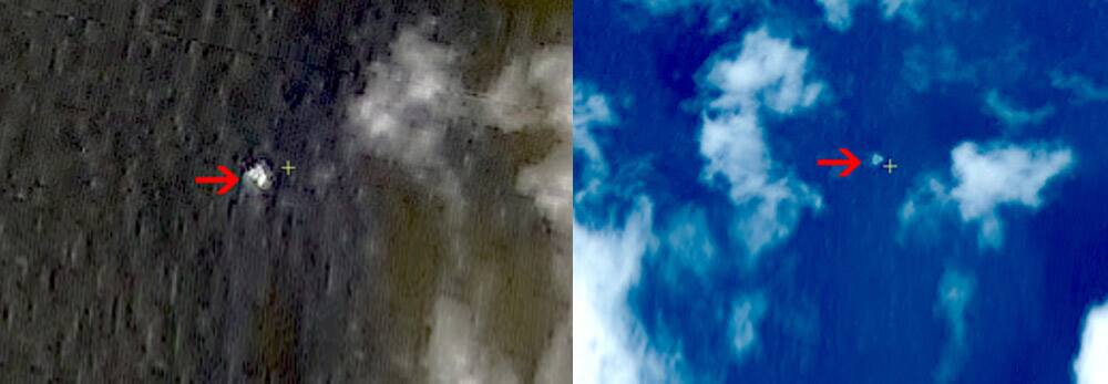 In this March 9, 2014 satellite image seen on the website of the Chinese State Administration of Science, Technology and Industry for National Defense, floating objects are seen at sea next to the red arrow which was added by the source. China`s Xinhua News Agency reported Wednesday that the images show suspected debris from the missing Malaysia Airlines jetliner floating off the southern tip of Vietnam.