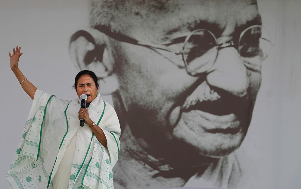 Chief Minister of West Bengal state and Trinamool Congress leader Mamata Banerjee addresses an election rally in New Delhi.