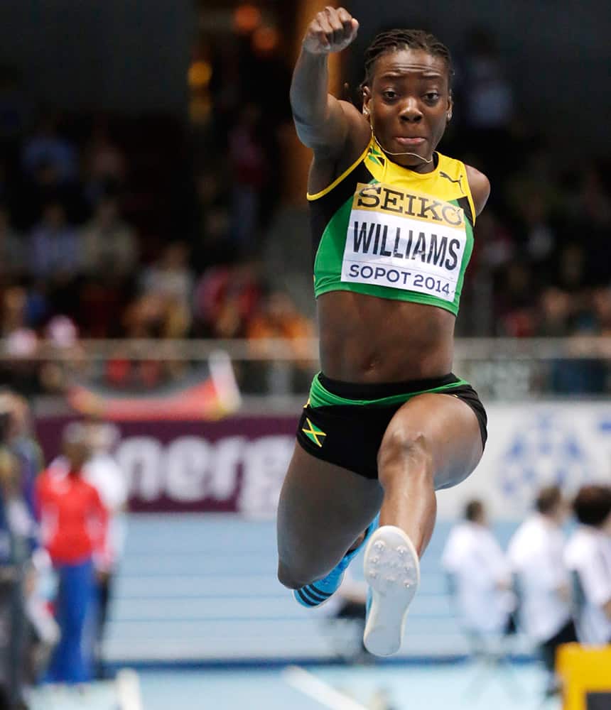 Jamaica`s Kimberly Williams makes an attempt in the women`s triple jump final during the Athletics Indoor World Championships in Sopot, Poland.