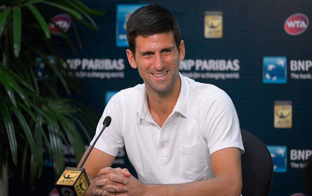 Novak Djokovic, of Serbia, speaks during a news conference at the BNP Paribas Open tennis tournament.