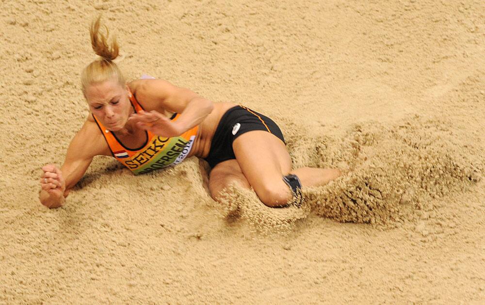 Netherlands` Nadine Broersen makes an attempt in the long jump of the women`s pentathlon during the Athletics Indoor World Championships in Sopot, Poland.