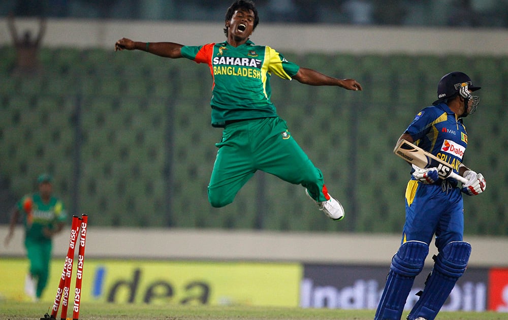 Bangladesh’s Rubel Hossain jumps as he celebrates the wicket of Sri Lanka’s Mahela Jayawardene during the Asia Cup one-day international cricket tournament in Dhaka, Bangladesh.