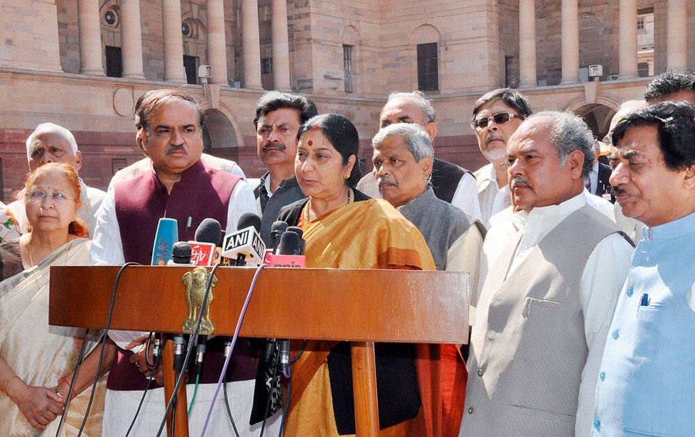 BJP MP Sushma Swaraj, leading a delegation of parliamentarians from Madhya Pradesh, addresses the media after meeting the President at rashtrapati Bhavan in New Delhi on Thursday over the Union government`s refusal of special package to the rain-hit farmers of the State.