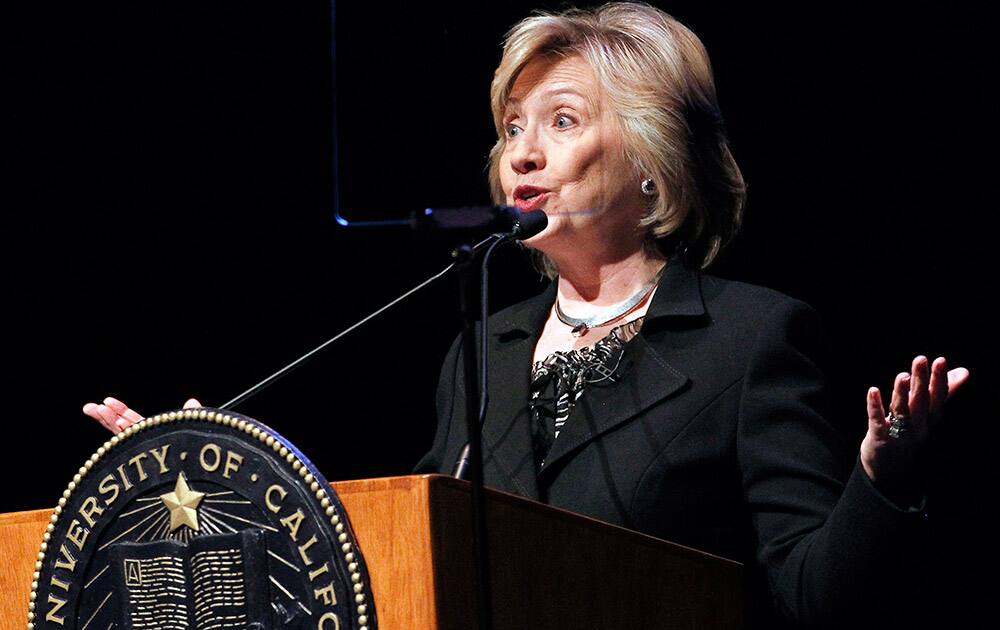 Former Secretary of State Hillary Rodham Clinton, uses a teleprompter as she speaks to students at the University of California Los Angeles, UCLA campus on the subject of leadership in Los Angeles.