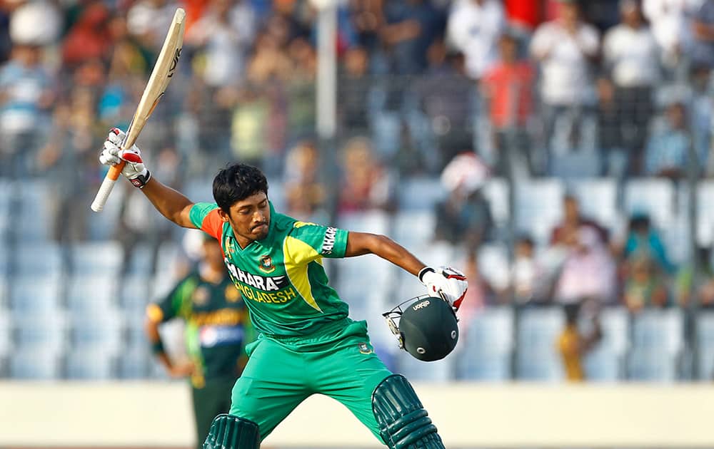Bangladesh’s Anamul Haque celebrates after scoring a century during their match against Pakistan in the Asia Cup one-day international cricket tournament in Dhaka, Bangladesh.