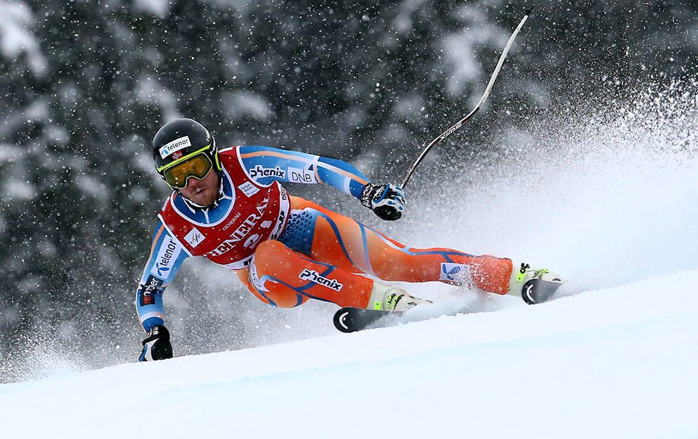 Norway`s Kjetil Jansrud speeds down the slope during an alpine ski, men`s World Cup super-g, in Kviitfjell, Norway.