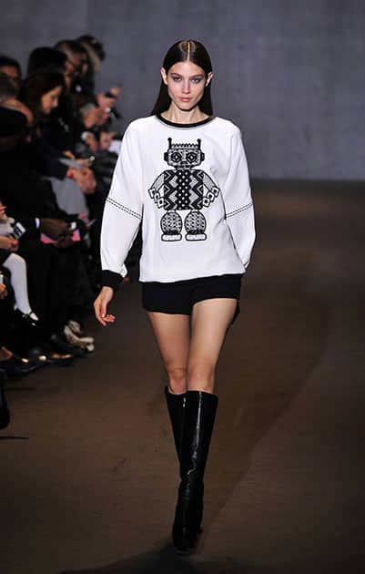 A model wears a creation for Andrew GN`s ready-to-wear fall/winter 2014-2015 fashion collection presented in Paris.
