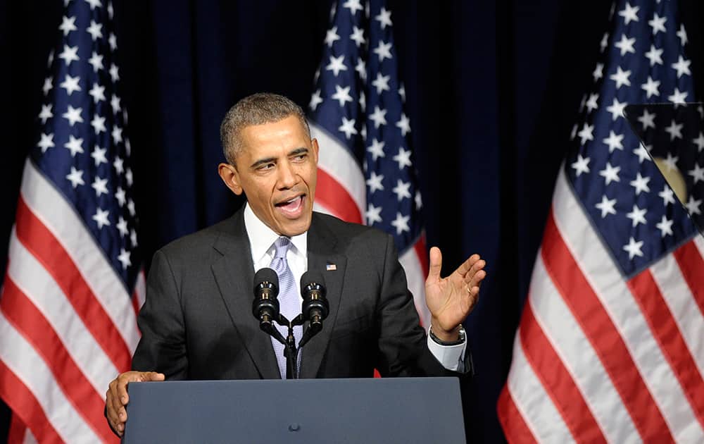 President Barack Obama speaks at the Democratic National Committee Winter Meeting in Washington.