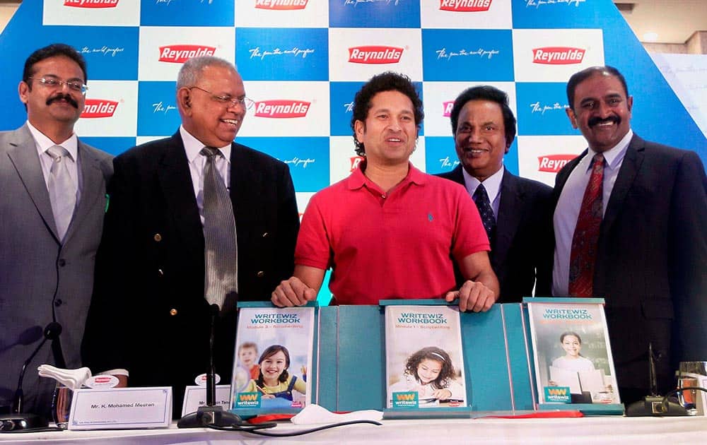 Former Indian cricketer Sachin Tendulkar alongwith GM Pens Managing Director Mohamed Meeran and others at a launch in Chennai.