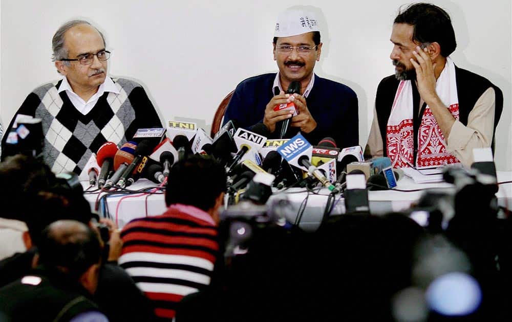 AAP leaders Arvind Kejriwal, Prashant Bhushan and Yogendra Yadav addressing a press conference in New Delhi.