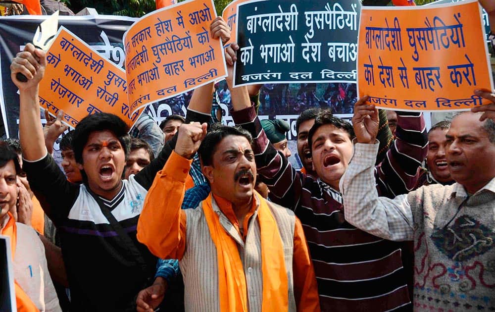 Bajrang Dal activists staging a demonstration to protest infiltration of Bangladeshis in India at Jantar Mantar in New Delhi.