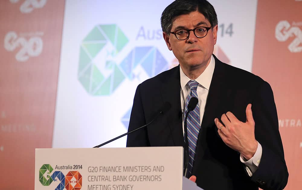 U.S. Secretary of the Treasury Jack Lew delivers a closing statement to the media during a press conference at the G-20 Finance Ministers and Central Bank Governors meeting in Sydney.