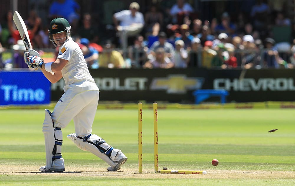 Australia`s batsman Brad Haddin is bowled by South Africa`s bowler Dale Steyn, for 9 runs on the third day of their 2nd cricket test match against South Africa at St George`s Park in Port Elizabeth, South Africa.