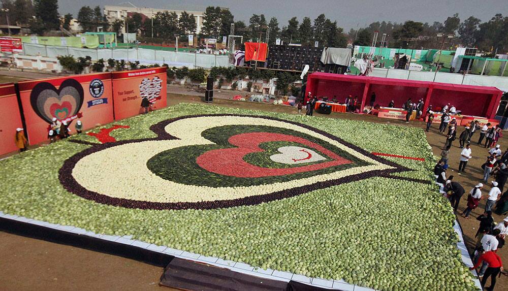 A heart mosaic with vegetables is created by members of the Association of Physicians of India and Ranbaxy Laboratories in Ludhiana on Friday.