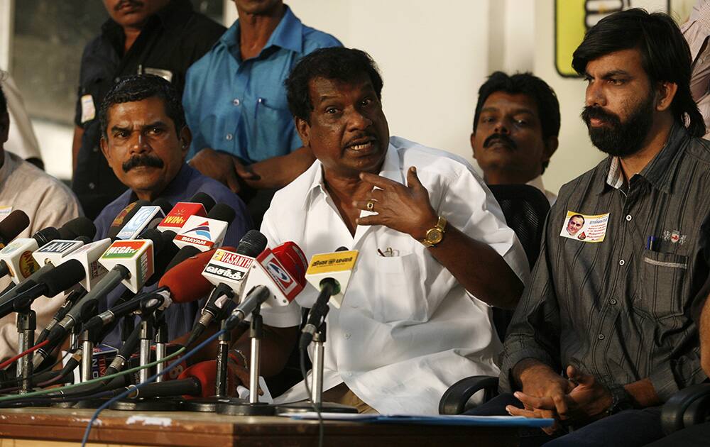 Relatives of some of the sixteen others who were killed during the 1991 assassination of former Prime Minister Rajiv Gandhi address the media in Chennai.