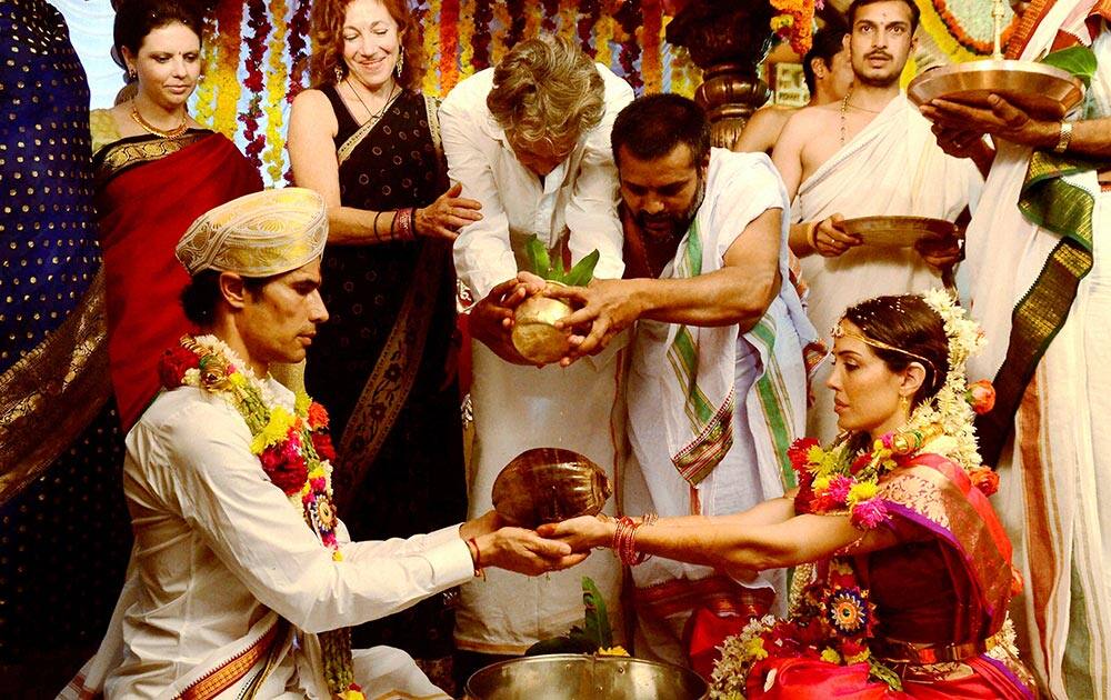 Former UK model Yogi Cameron and USA`s Jaimesh getting married according to Hindu customs at Goplakrishna Temple at Kollur, Karnataka.