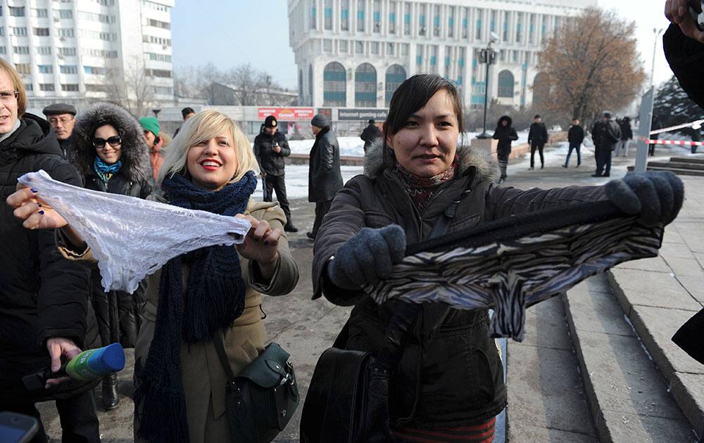 Women during a protest against the ban of lace underwear in Almaty, Kazakhstan. A trade ban on synthetic underwear has Russia and her economic allies with their knickers in a twist.