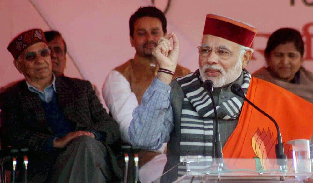 BJP Prime Ministerial Candidate Narendra Modi addresses at a rally in Sujanpur, Himachal Pradesh.