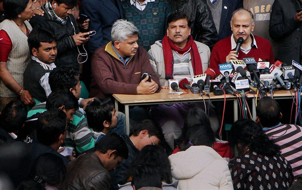 AAP leaders Manish Sisodia, Sanjay Singh and others addressing a press conference in New Delhi.