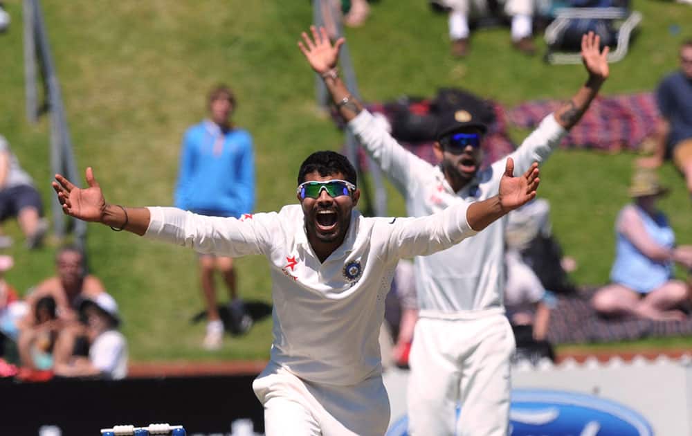 India’s Ravindra Jadeja unsuccessfully appeals the wicket of New Zealand’s Brendon McCullum on the third day of the second cricket test at Basin Reserve in Wellington, New Zealand.