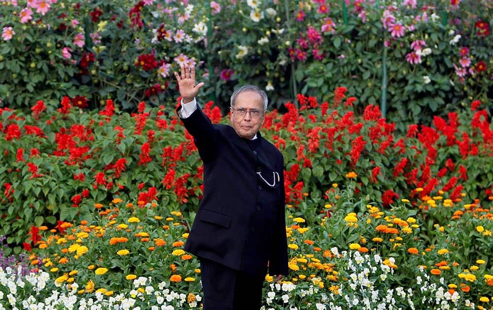 President Pranab Mukherjee at the Mughal Gardens during its opening for public, at Rashtrapati Bhavan in New Delhi.