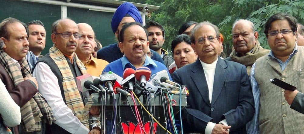 Delhi BJP President Vijay Goel, BJP Leader Harsh Vardhan and others during a press conference in New Delhi.