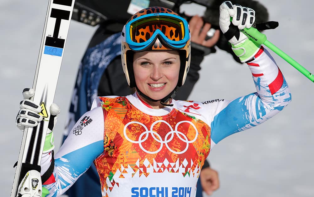 Austria`s Anna Fenninger pauses in the finish area after competing in the women`s super-G at the Sochi 2014 Winter Olympics in Krasnaya Polyana, Russia.