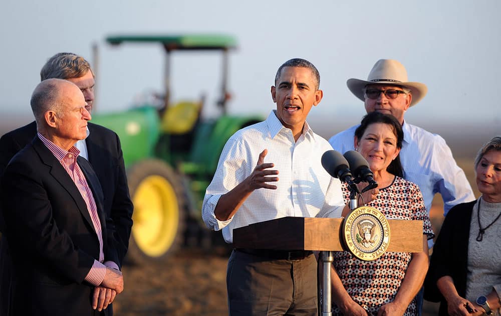 President Barack Obama speaks to the media, in Los Banos, Calif. Farmers in California`s drought-stricken Central Valley said the financial assistance President Barack Obama delivered on his visit Friday does not get to the heart of California`s long-term water problems.