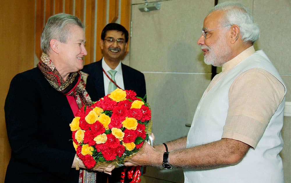 Gujarat Chief Minister Narendra Modi with US ambassador to India Nancy Powell during a meeting in Gandhinagar.