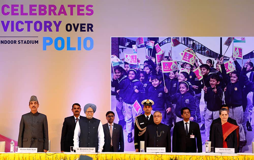 From left to right in front row, Indian Health Minister Ghulam Nabi Azad, Indian Prime Minister Manmohan Singh, Indian President Pranab Mukherjee and Congress party President Sonia Gandhi attend a function to celebrate the third year after India was declared polio free in New Delhi.